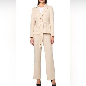 Tailored Cream Belted Blazer & Wide-Leg Pants Set